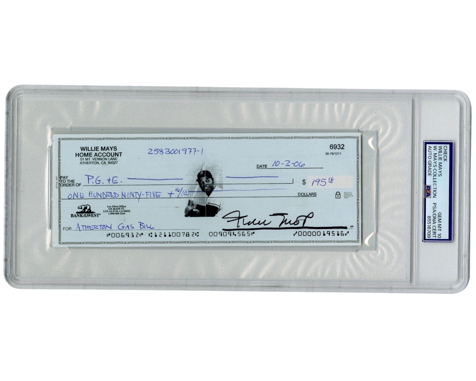 Willie Mays Signed Check to PG & E for Gas! PSA Gem Mint 10 Ex. Mays Estate