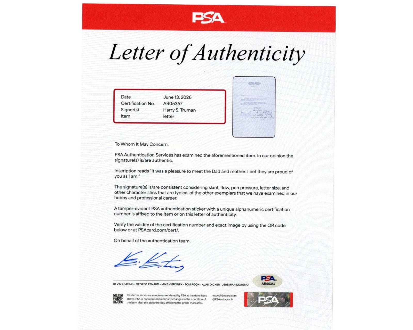 President HARRY TRUMAN Bold Signed Cut Autograph PSA Auto
