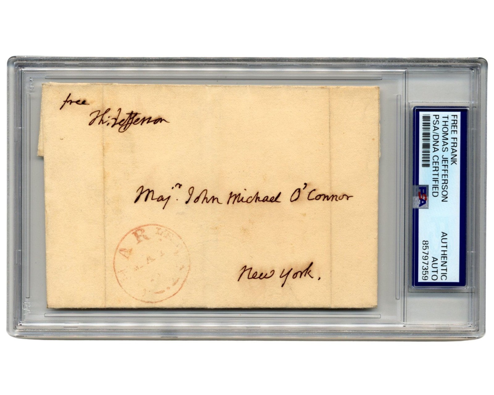 President Thomas Jefferson Signed Free Frank to New York Writer PSA Auto