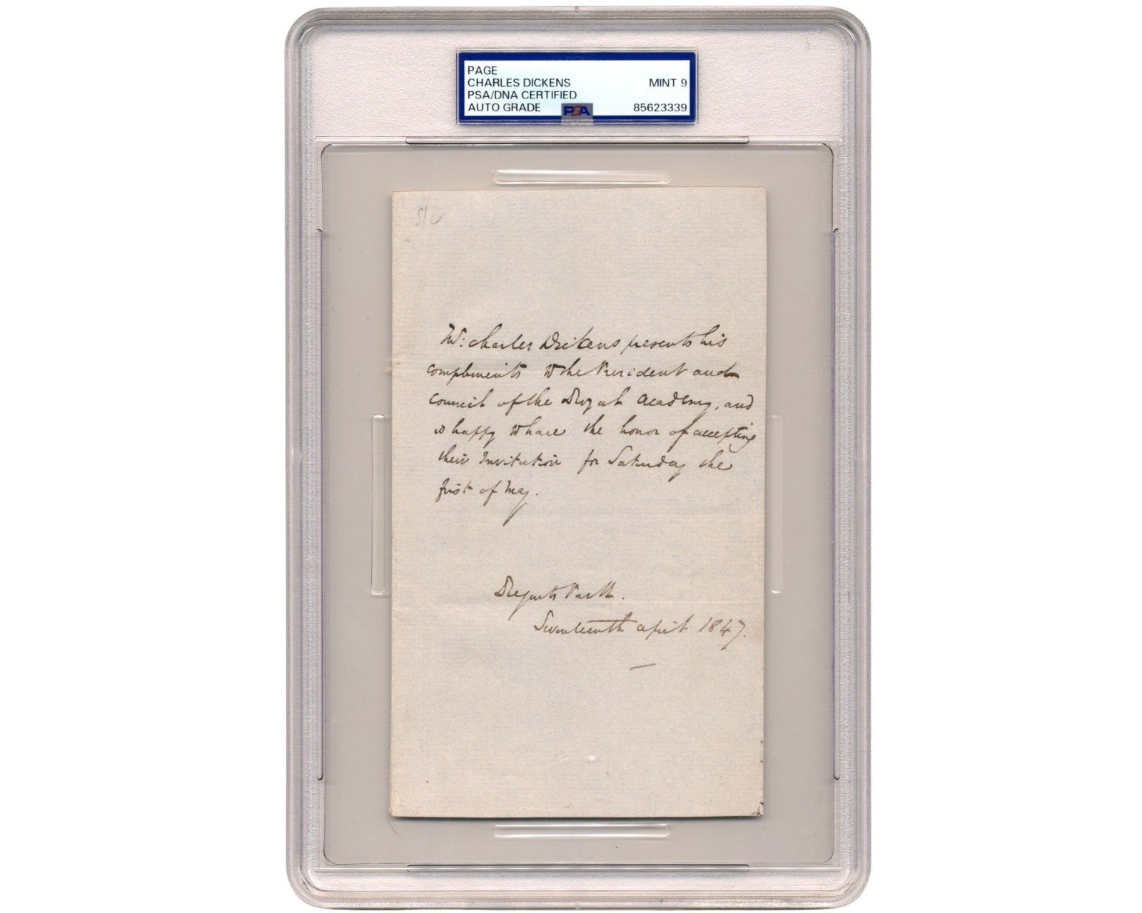 Charles Dickens Accepts Royal Academy of Arts Invite In Signed Letter PSA Mint 9