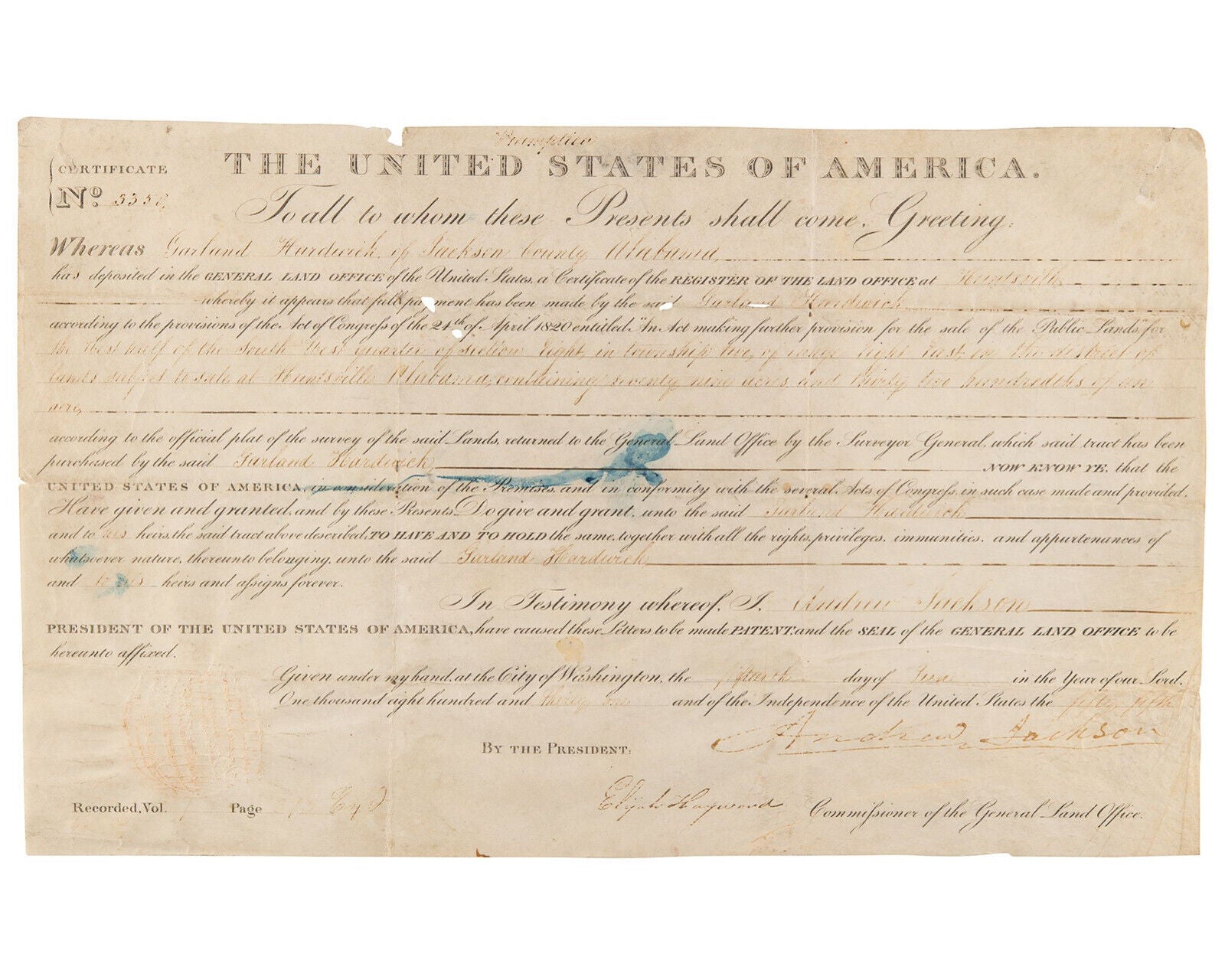 President Andrew Jackson Signed Alabama Land Grant after Indian Removal Act JSA