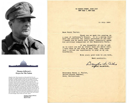 General Douglas MacArthur Signed Letter On T. Jefferson's "Innate Greatness" JSA