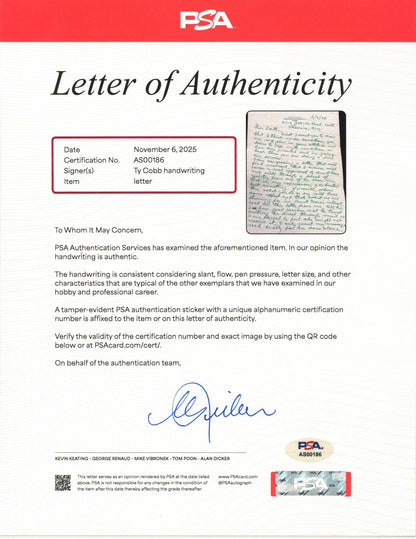 Ty Cobb Twice Signed 6 Page Handwritten Letter PSA & Beckett BAS Auto
