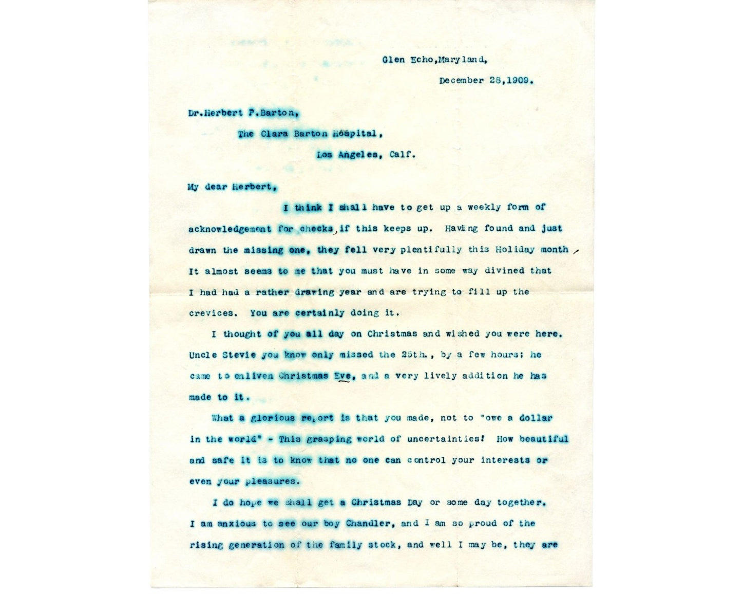 Clara Barton Signed Letter "no one can control your interests.." PSA Auto