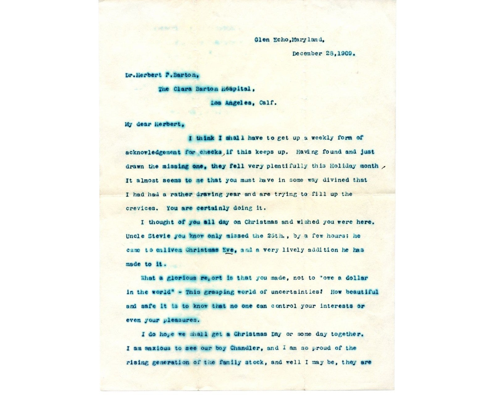 Clara Barton Signed Letter "no one can control your interests.." PSA Auto