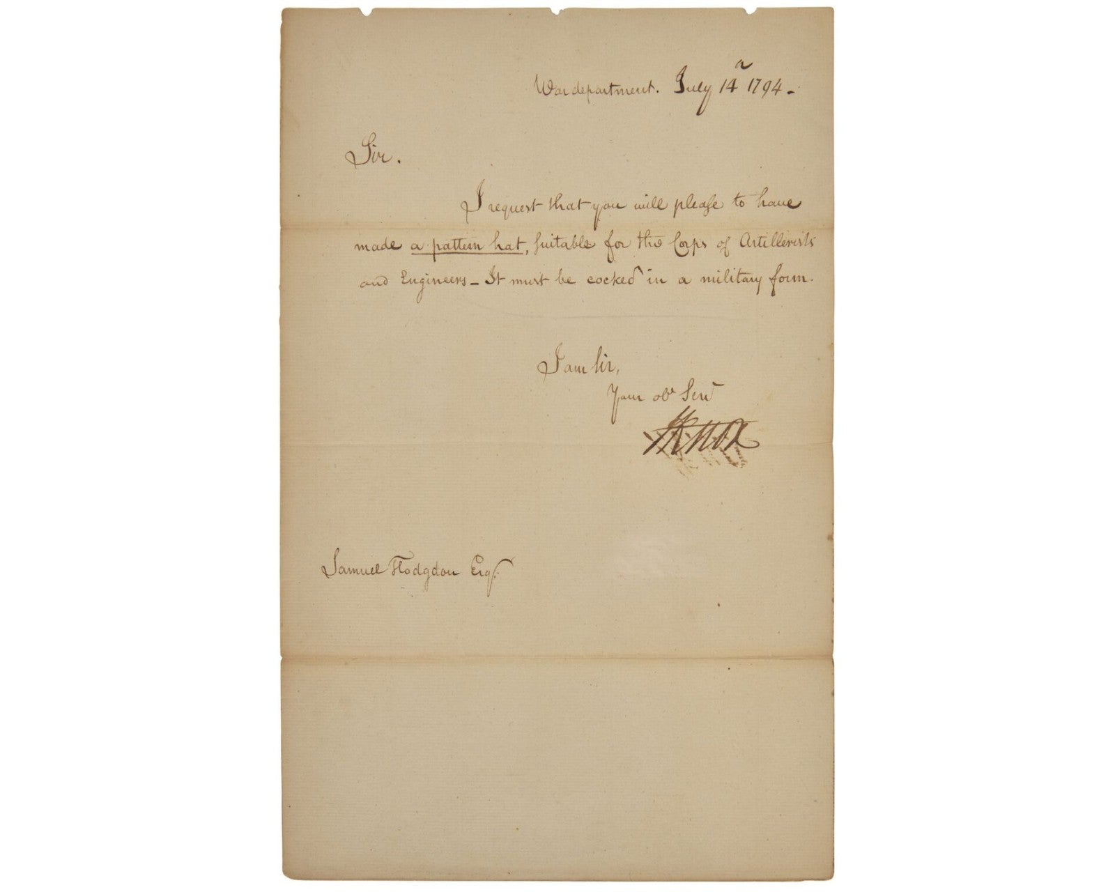 Washington's Gen. HENRY KNOX Signed Letter Orders Military Hat for Artillerists!