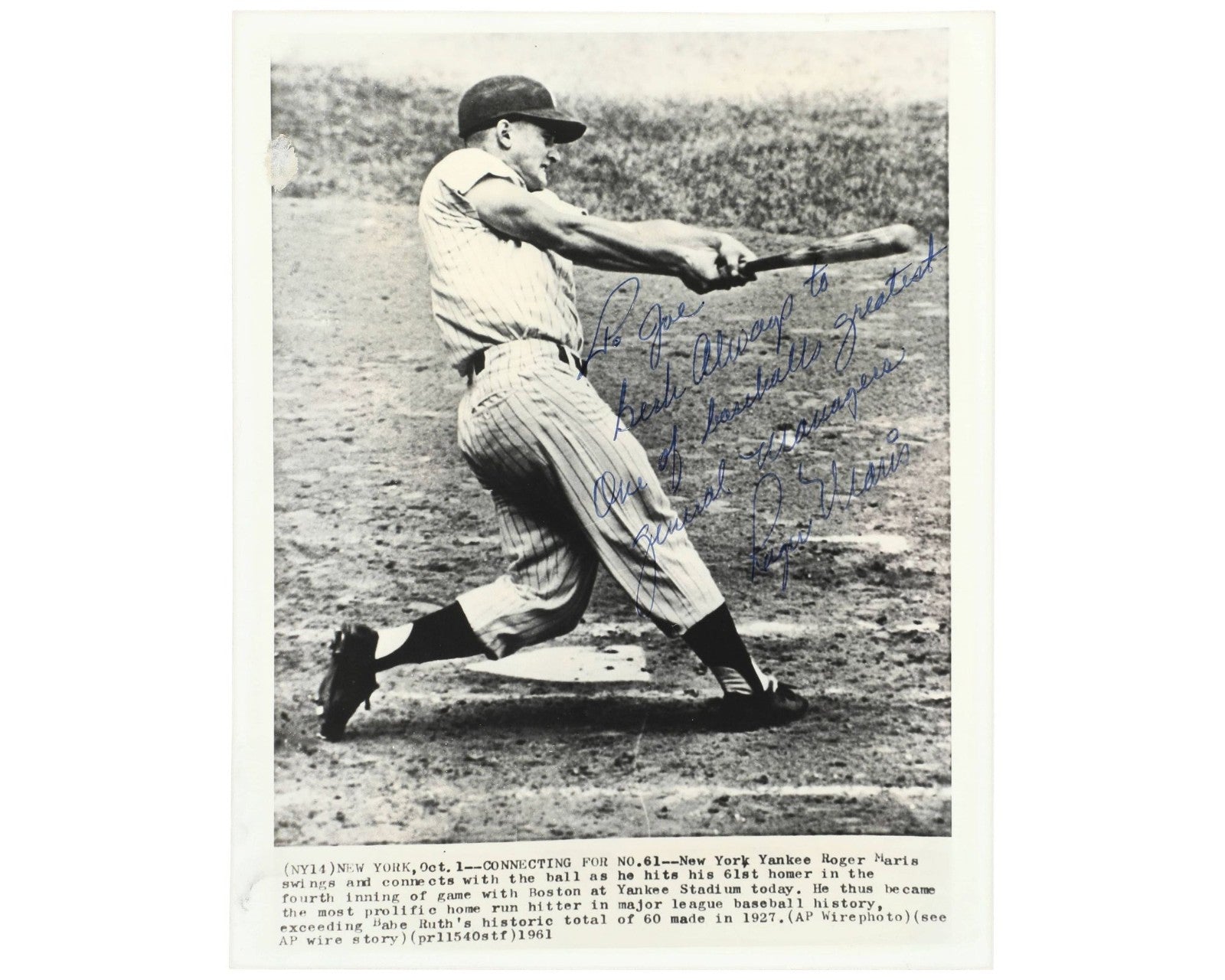 Yankees Legend Roger Maris Signed Iconic "61" Wire Photo To Former GM JSA Auto