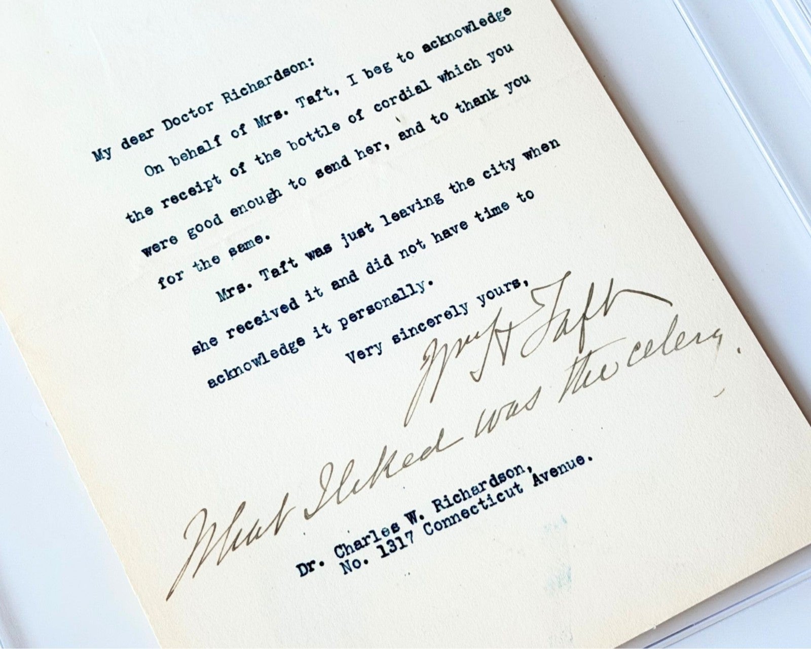 President William Taft "What I liked was the celery" Signed Letter PSA Auto