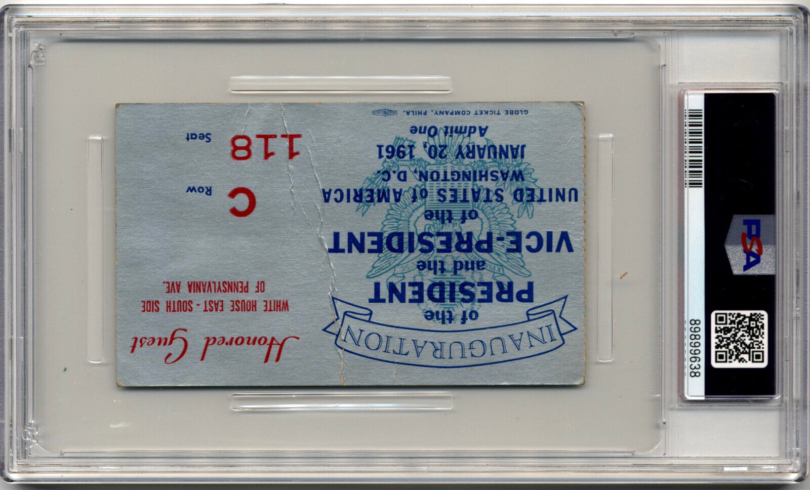 1961 President John F. Kennedy Inauguration Ticket PSA Pop 1 - WH VIP Entry
