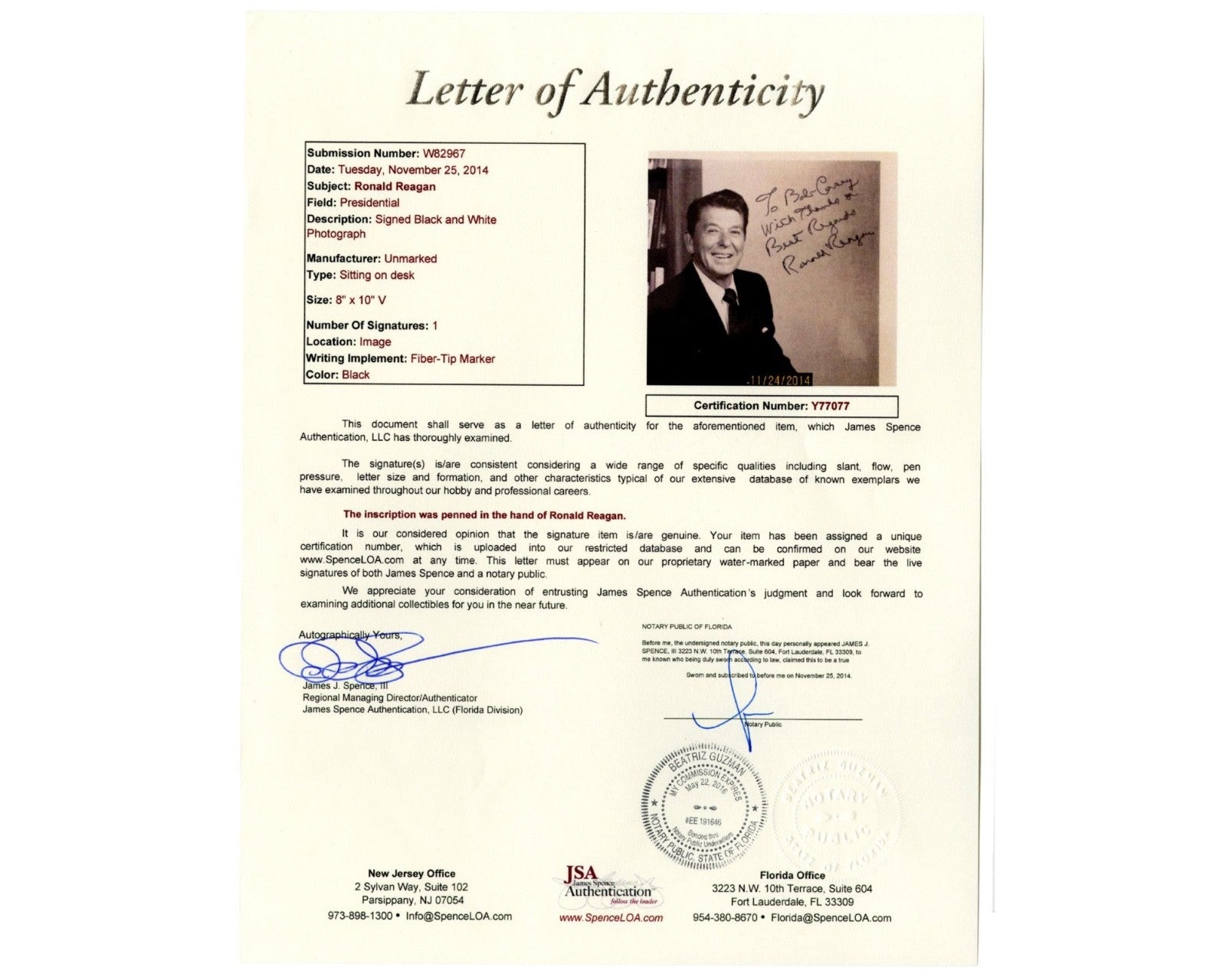 President Ronald Reagan Signed Portrait w/ Bold Signature! JSA Auto