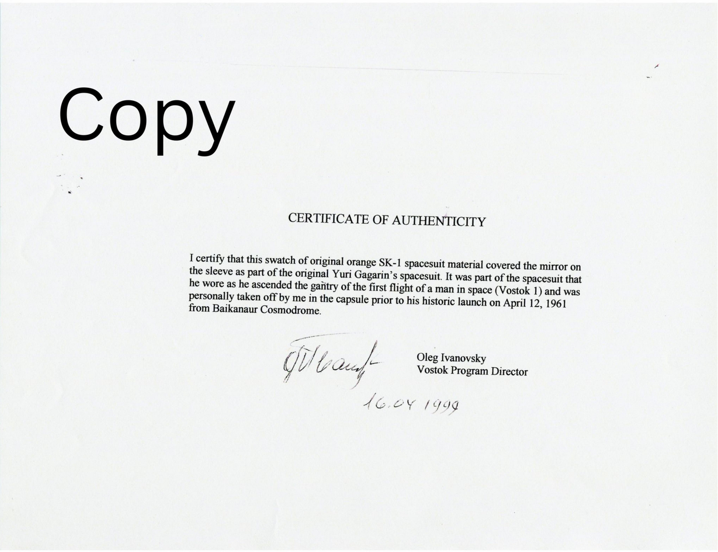 Yuri Gagarin Worn Vostok 1 Space Suit & Signed Postcard. Incredible Provenance