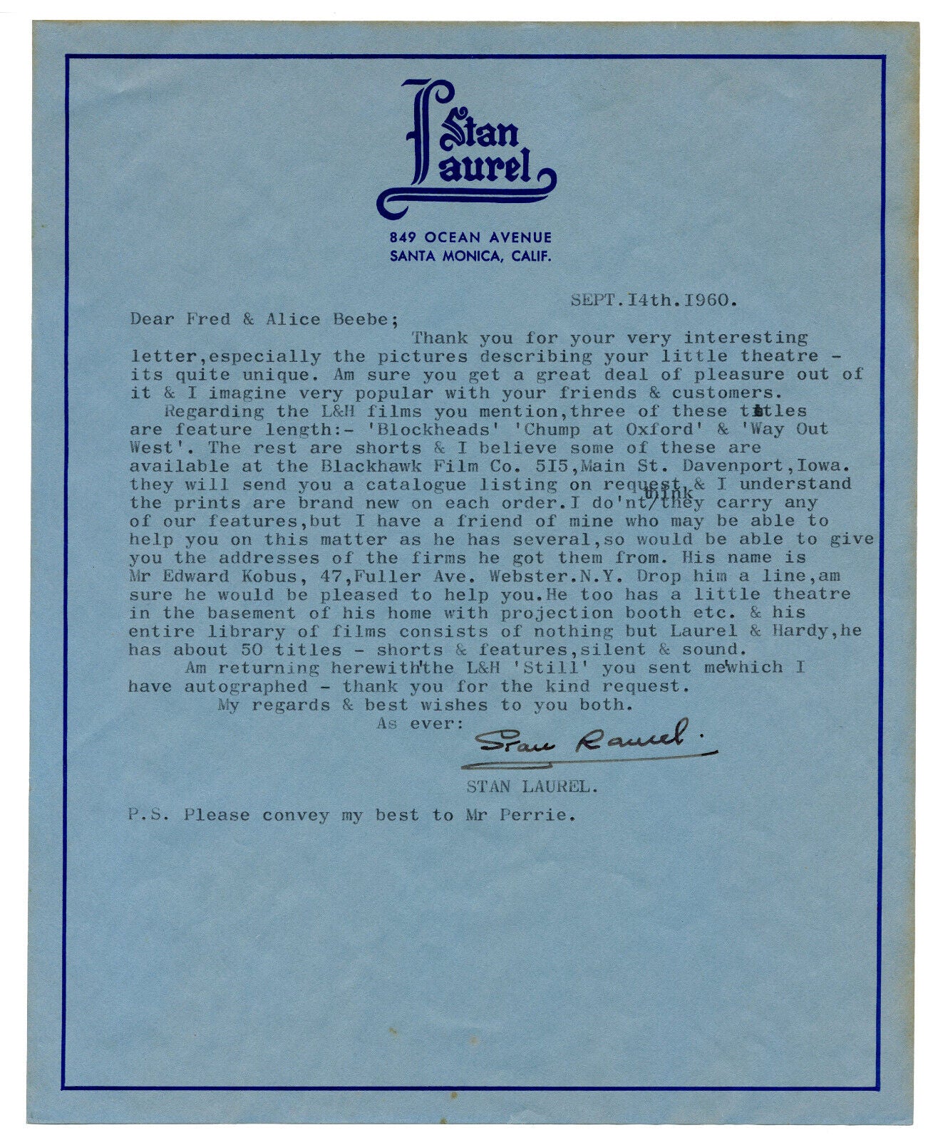 Stan Laurel Signed Letter "Way Out West, Block-heads, & A Chump at Oxford" JSA!