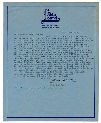 Stan Laurel Signed Letter "Way Out West, Block-heads, & A Chump at Oxford" JSA!