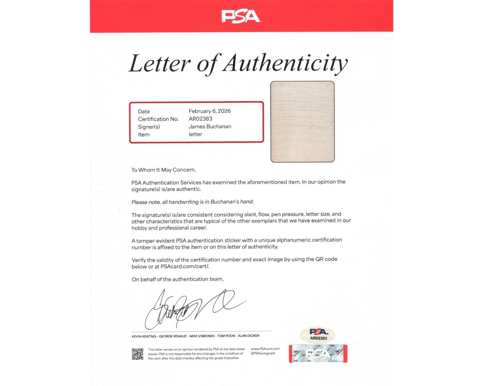 President James Buchanan Signed Handwritten Letter To Polk Sec of Tres. PSA Auto