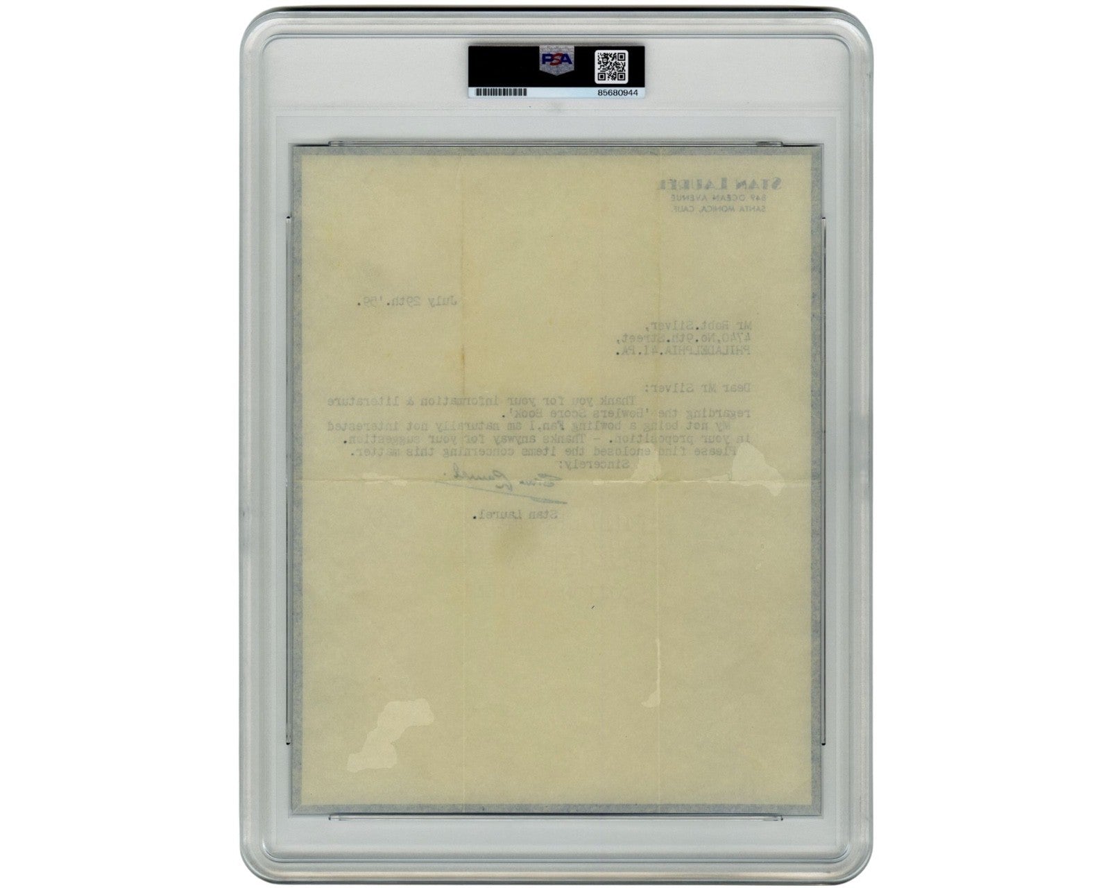 Laurel & Hardy Star Stan Laurel Bold Signed Letter PSA Mint 9