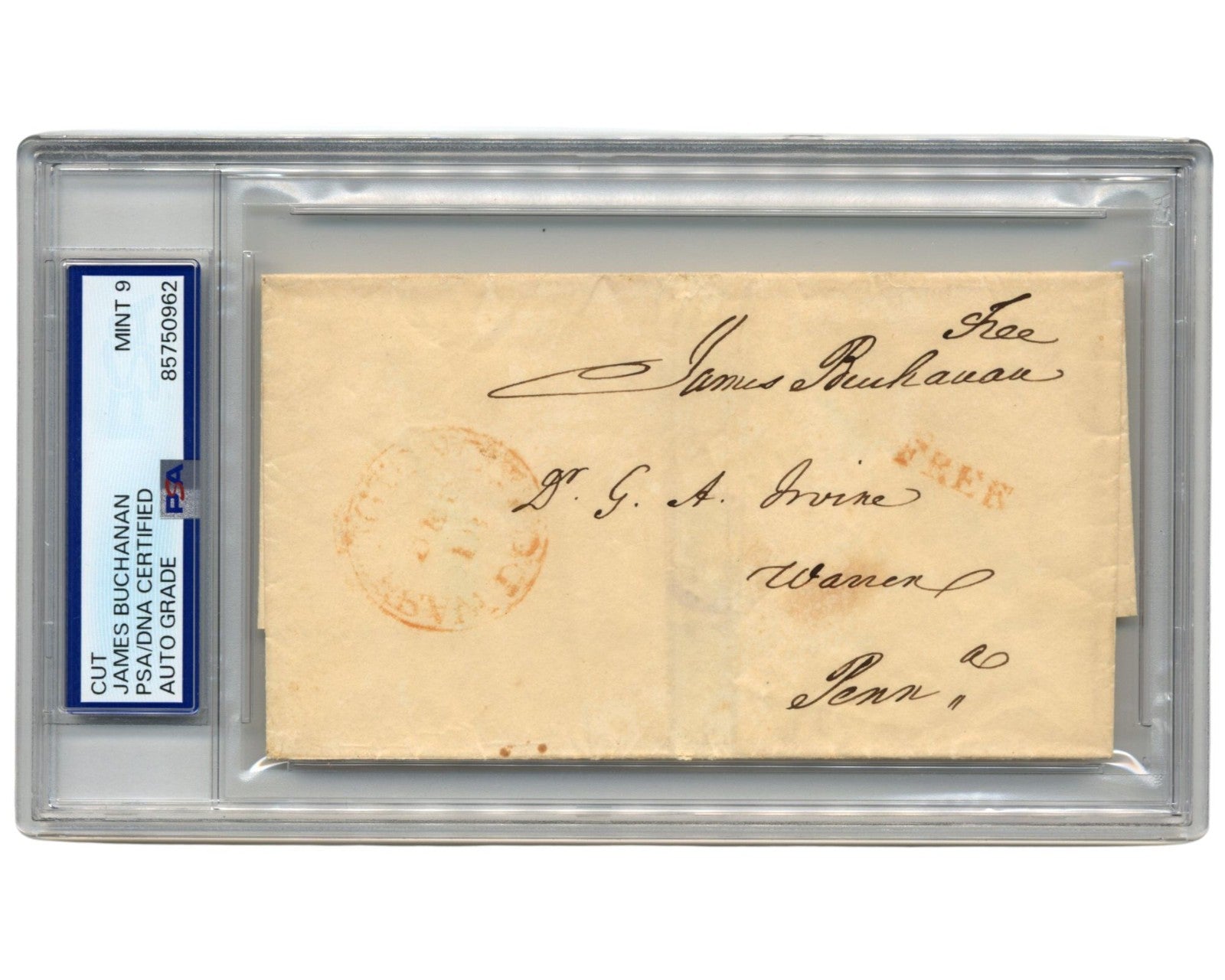 President James Buchanan Signed Pennsylvania Free Frank PSA Mint 9 Auto