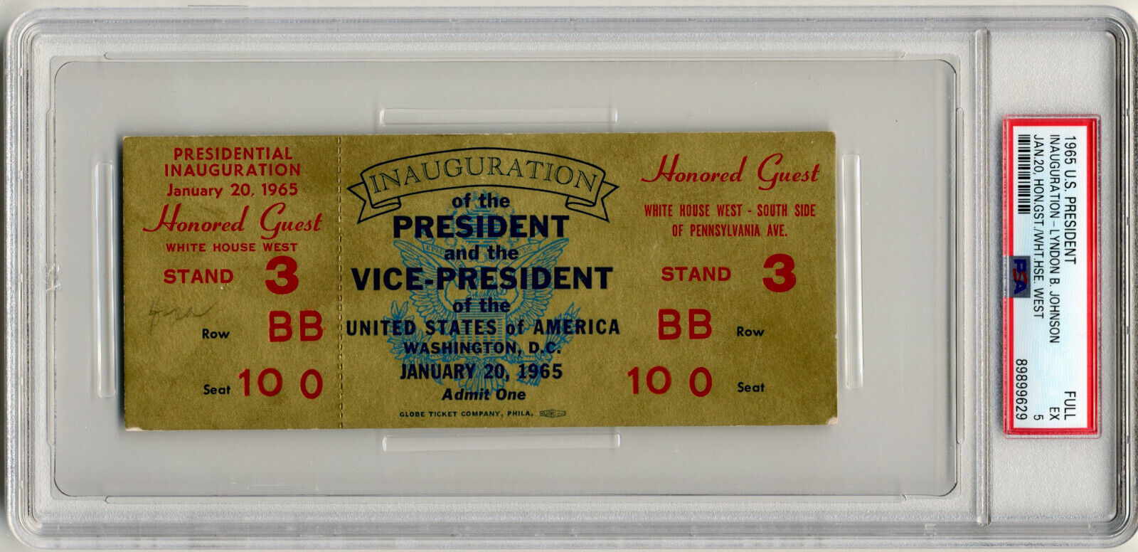 1965 President Lyndon Johnson Inauguration Gold Ticket PSA 5 Honored Guest POP 1