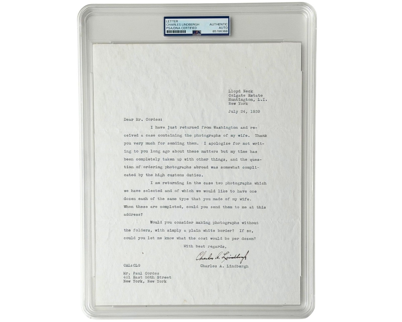 Aviator Charles Lindbergh Signed Letter w/ Bold Signature! PSA Auto