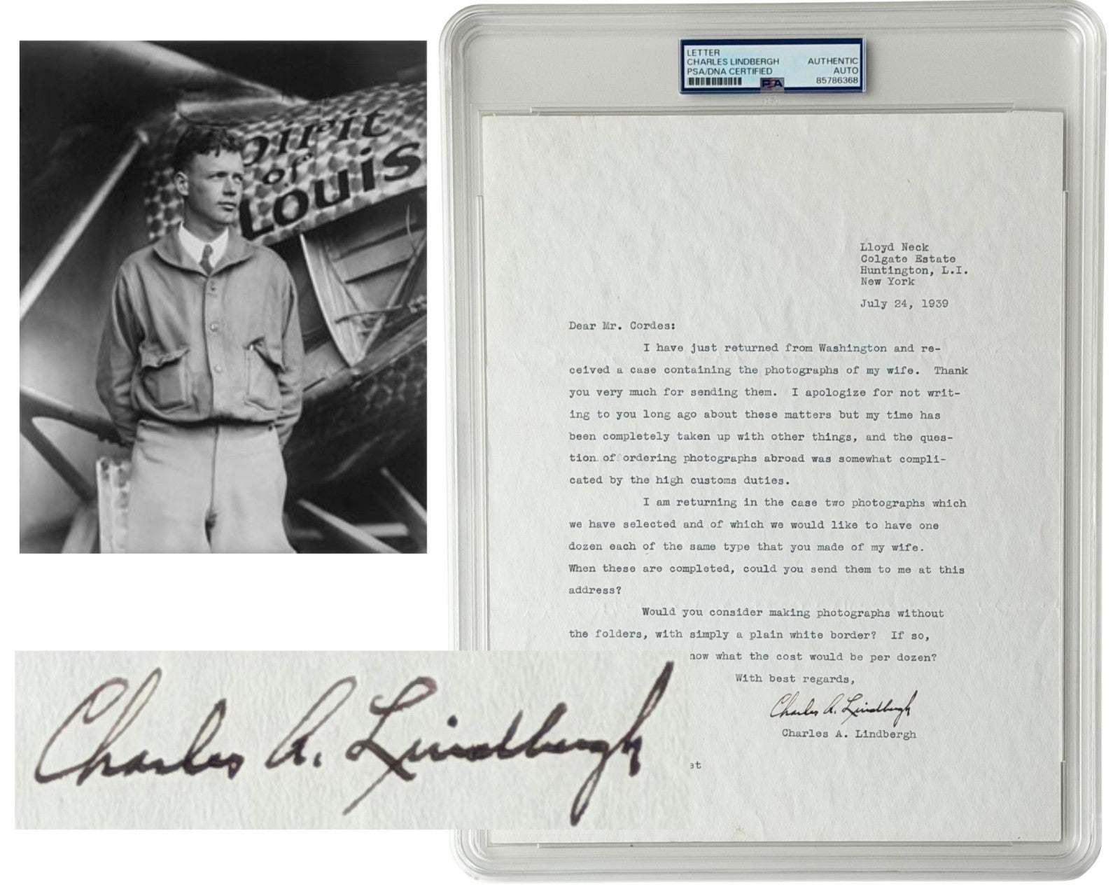 Aviator Charles Lindbergh Signed Letter w/ Bold Signature! PSA Auto