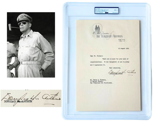 General Douglas MacArthur Signed Letter PSA Mint 9 Auto from Waldorf Astoria!