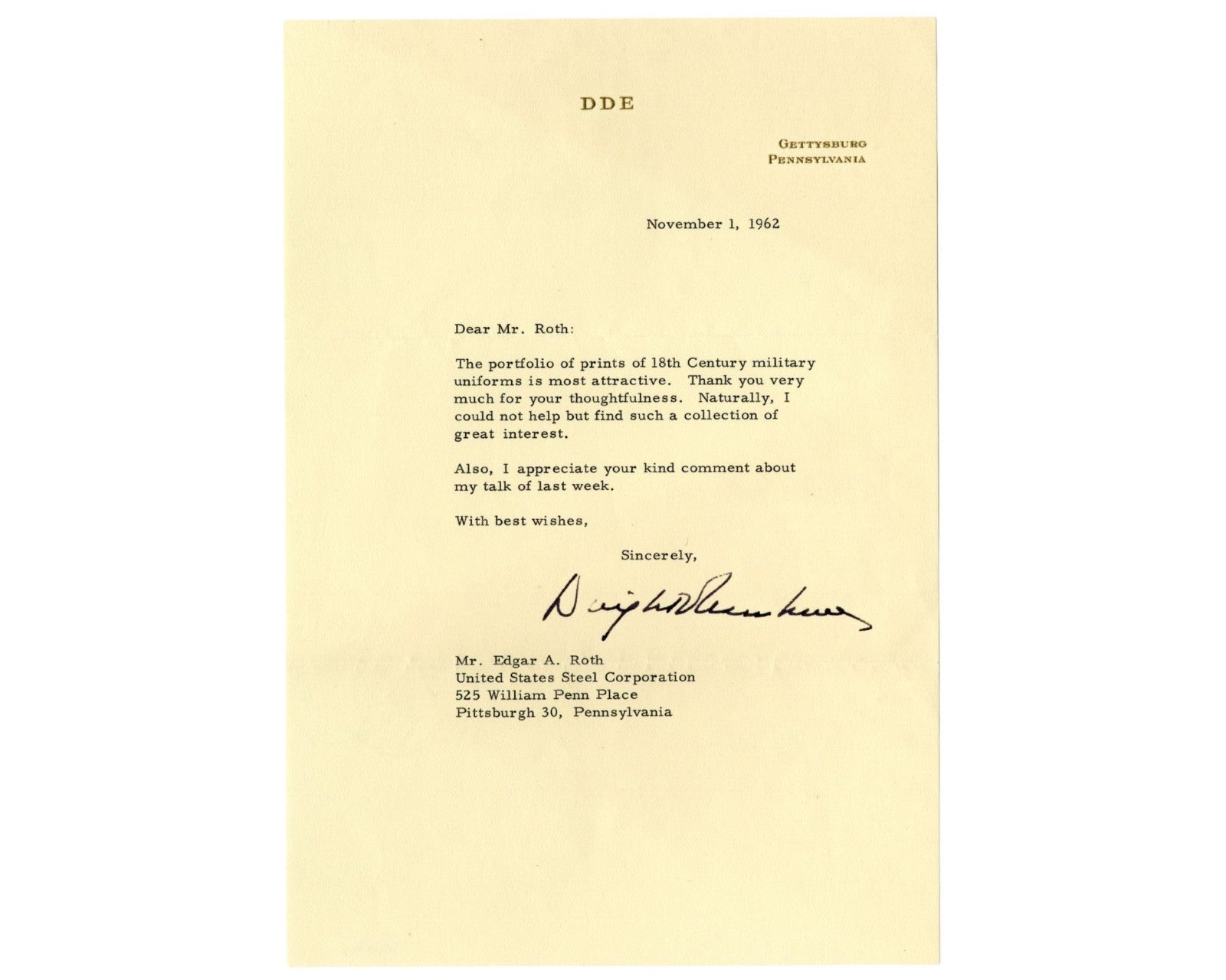 Dwight Eisenhower Signed Letter to US Steel Exec. on Military Prints! PSA