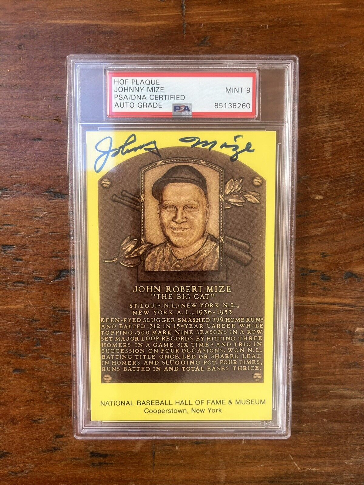 Johnny Mize Signed HOF Post Card PSA Mint 9 Auto