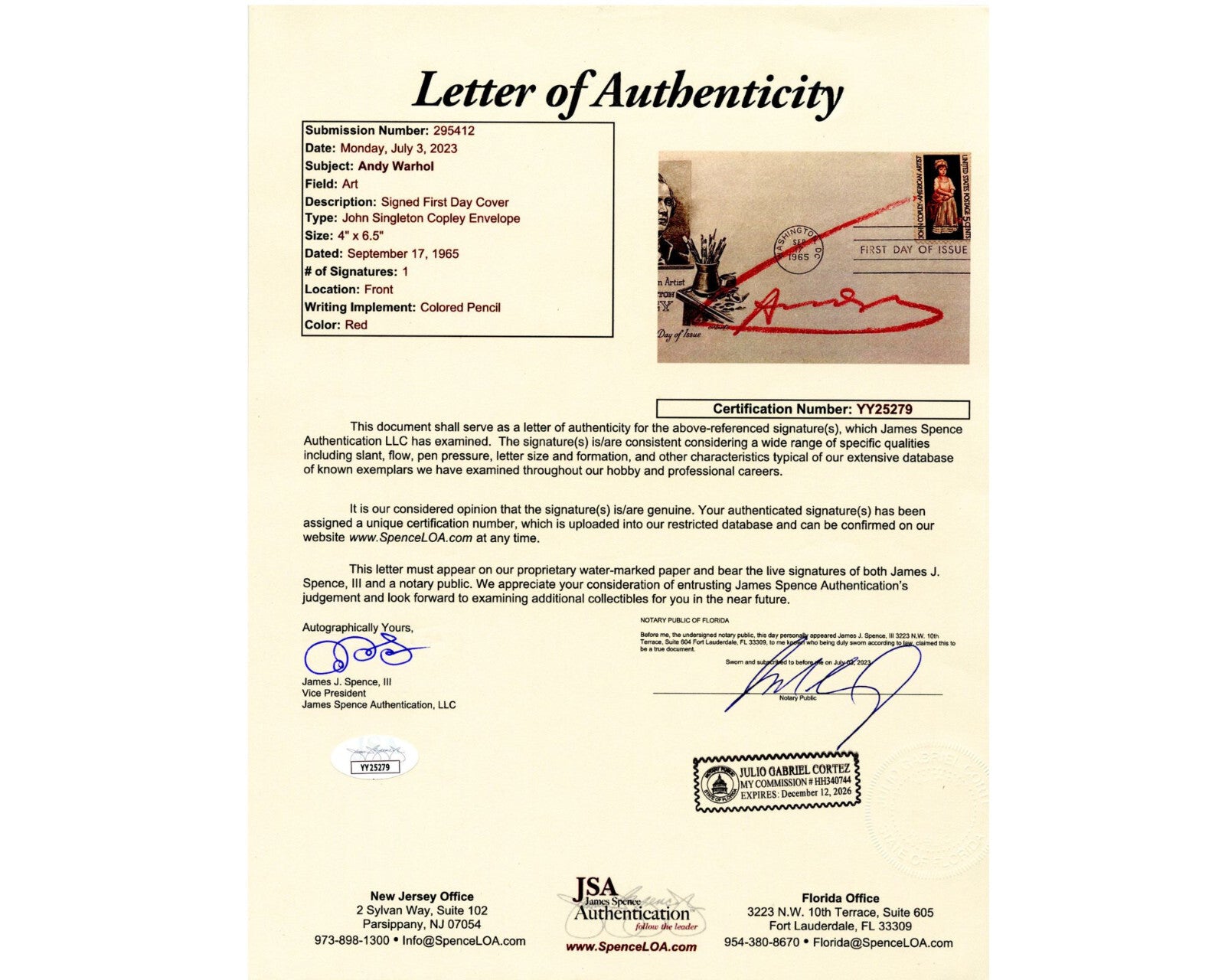 Andy Warhol Signed 1965 John Singleton Copley First Day Cover JSA Authenticate