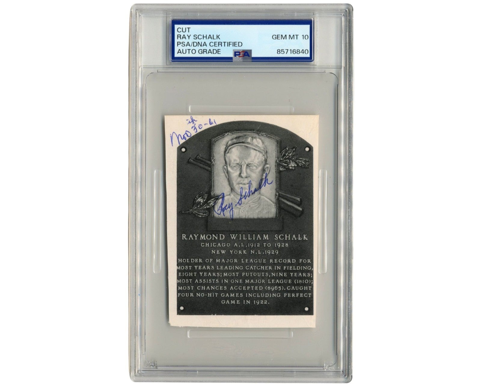 White Sox Ray Schalk Hall of Fame Plaque Cut Signature PSA Gem Mint 10 Auto