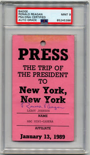 Ronald Reagan Signed NYC Press Badge/Ticket From an Interesting Day! PSA Mint 9