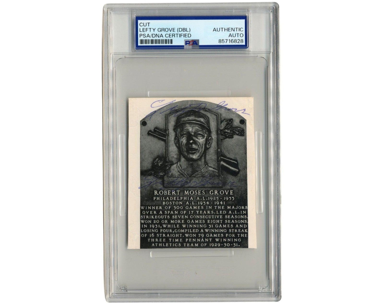 Philadelphia A's Lefty Grove Twice Signed HOF Plaque Cut PSA / DNA Auto
