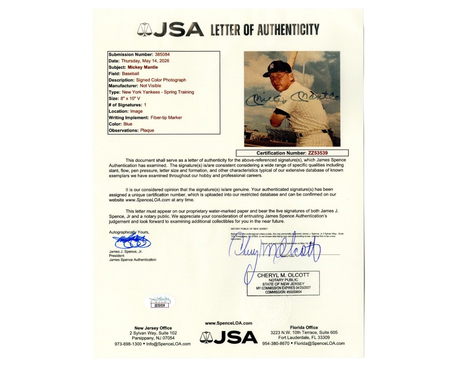 Yankees Legend Mickey Mantle Signed Photograph JSA LOA
