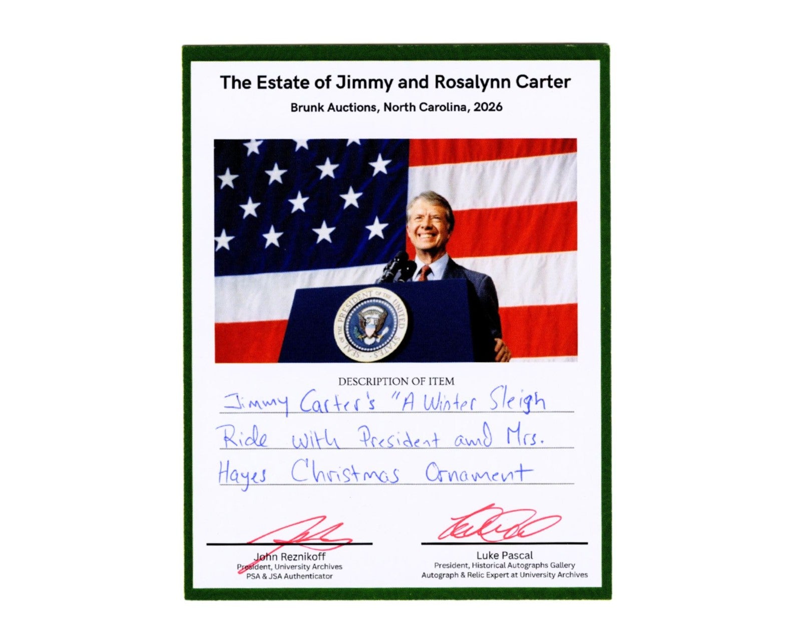 President Jimmy Carter Owned R.B. Hayes Christmas Ornament Ex. Carter Estate