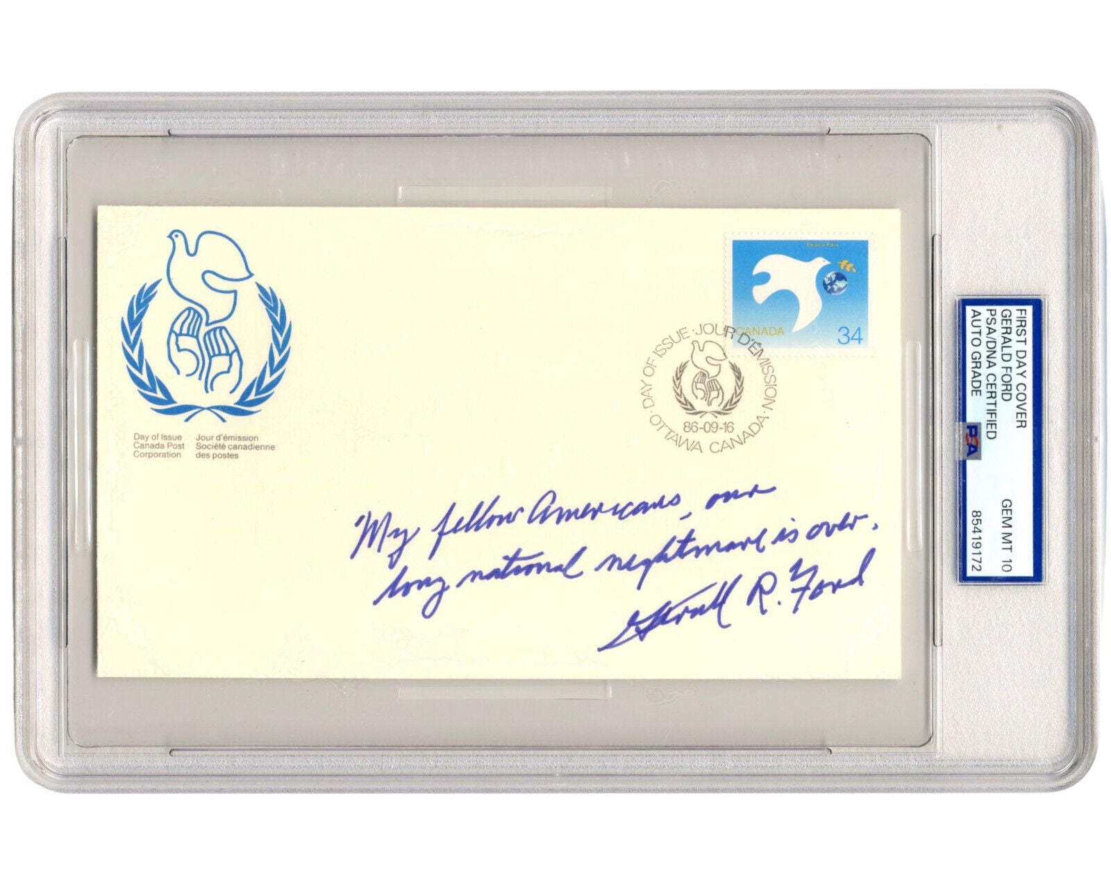 President Gerald Ford "Watergate Quote" from Inaugural Address PSA Gem Mint 10