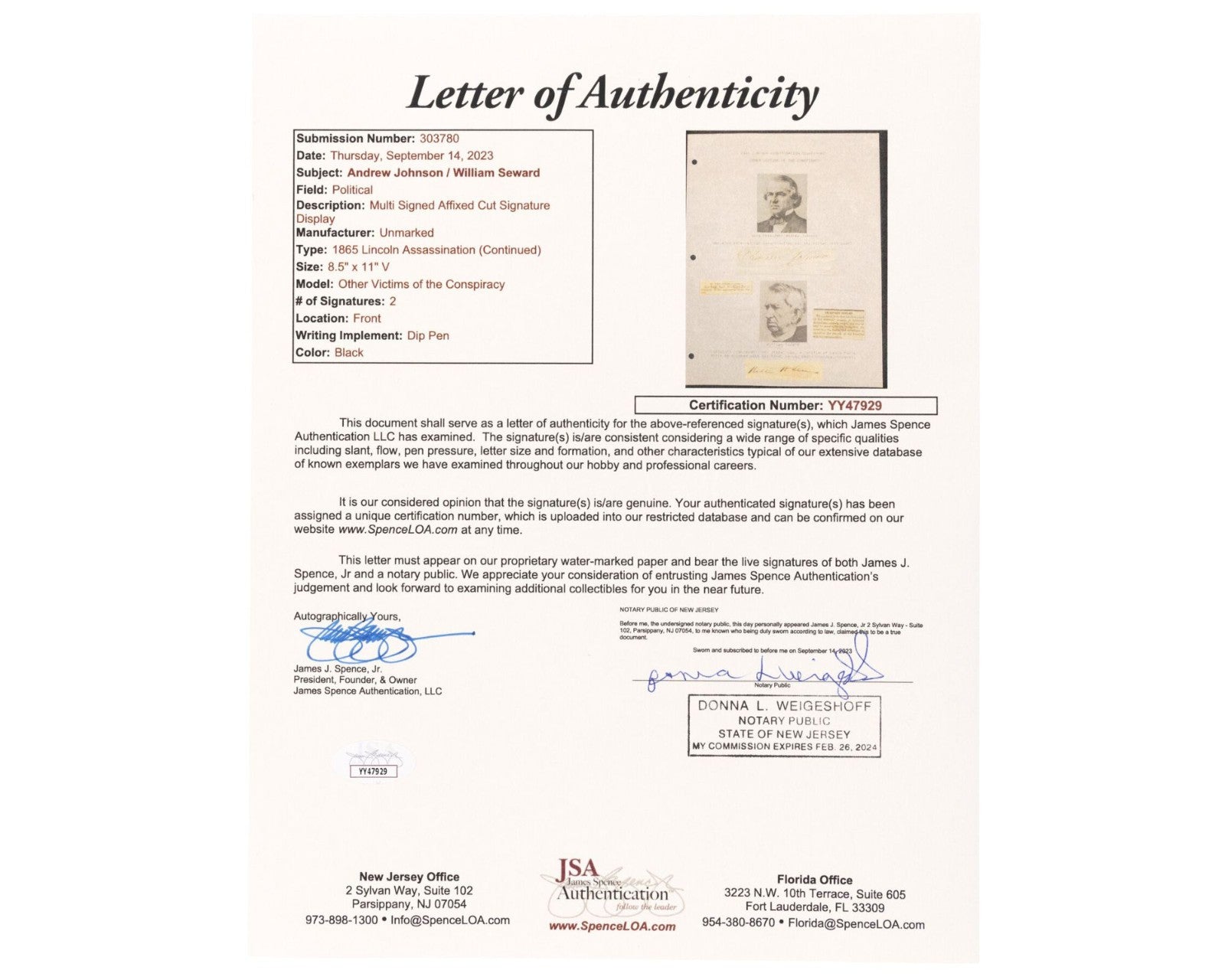Andrew Johnson & William Seward Signed Lincoln Assassination Display JSA
