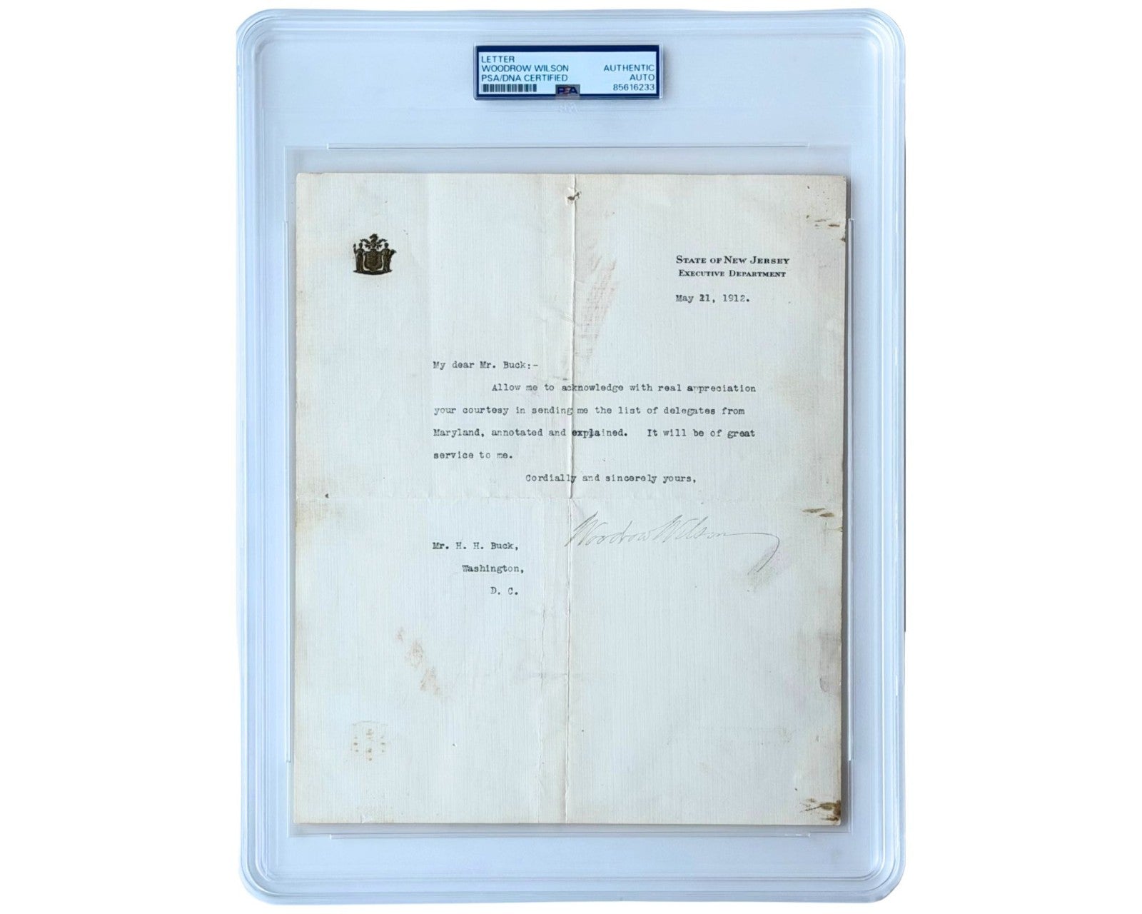 President Woodrow Wilson Signed Letter PSA Auto