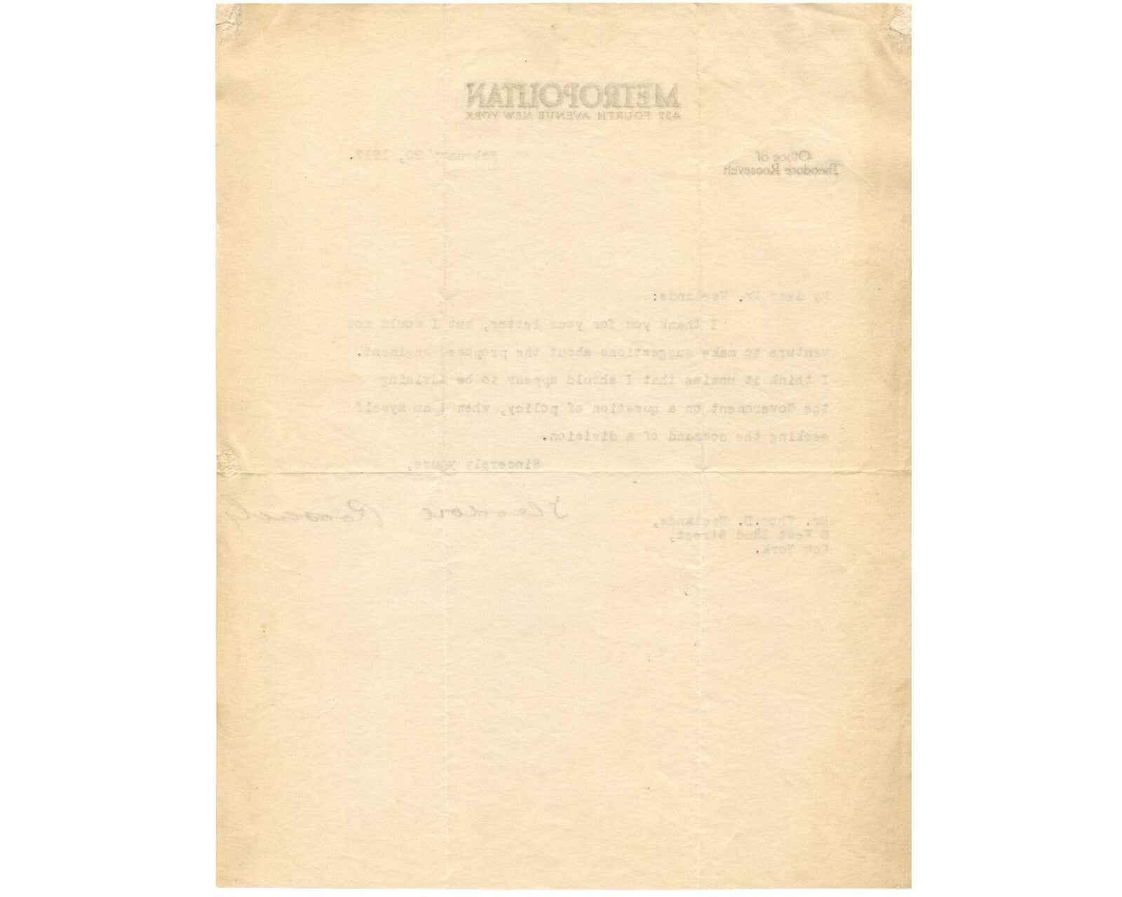 President Theodore Roosevelt Seeks to Re-Enter Combat PSA Historic Signed Letter