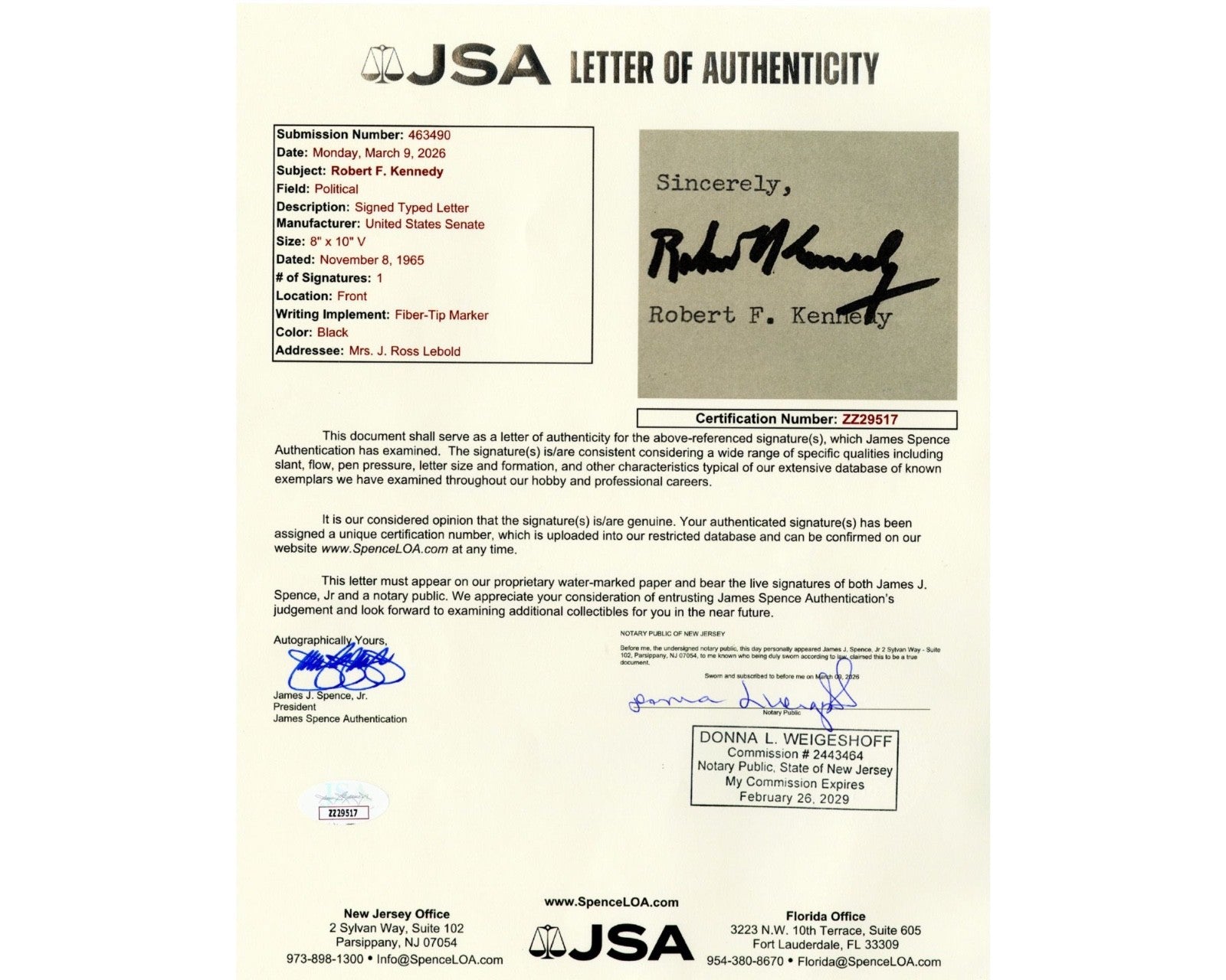 Senator Robert F. Kennedy Signed Letter Autograph JSA Bold Auto! "10 Quality?"
