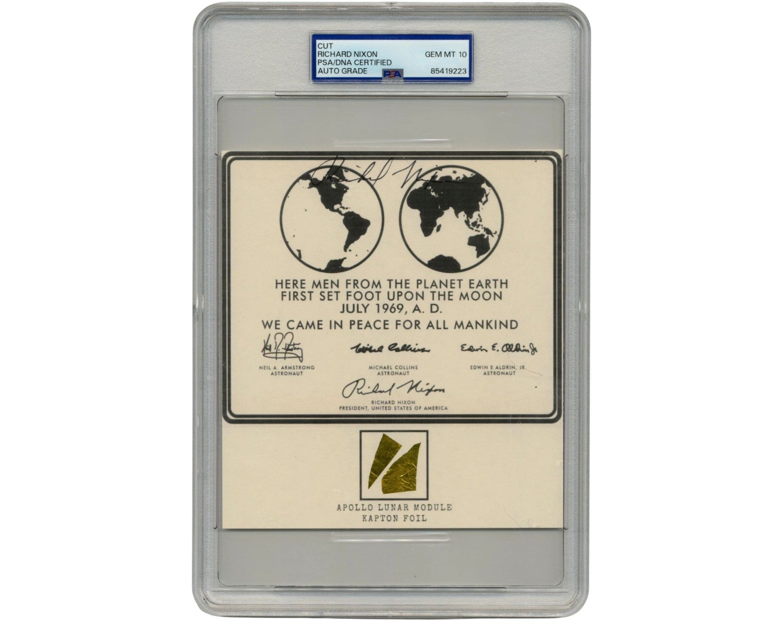 President Richard Nixon Signed Apollo 11 Print, NASA Kapton Foil PSA Gem Mint 10