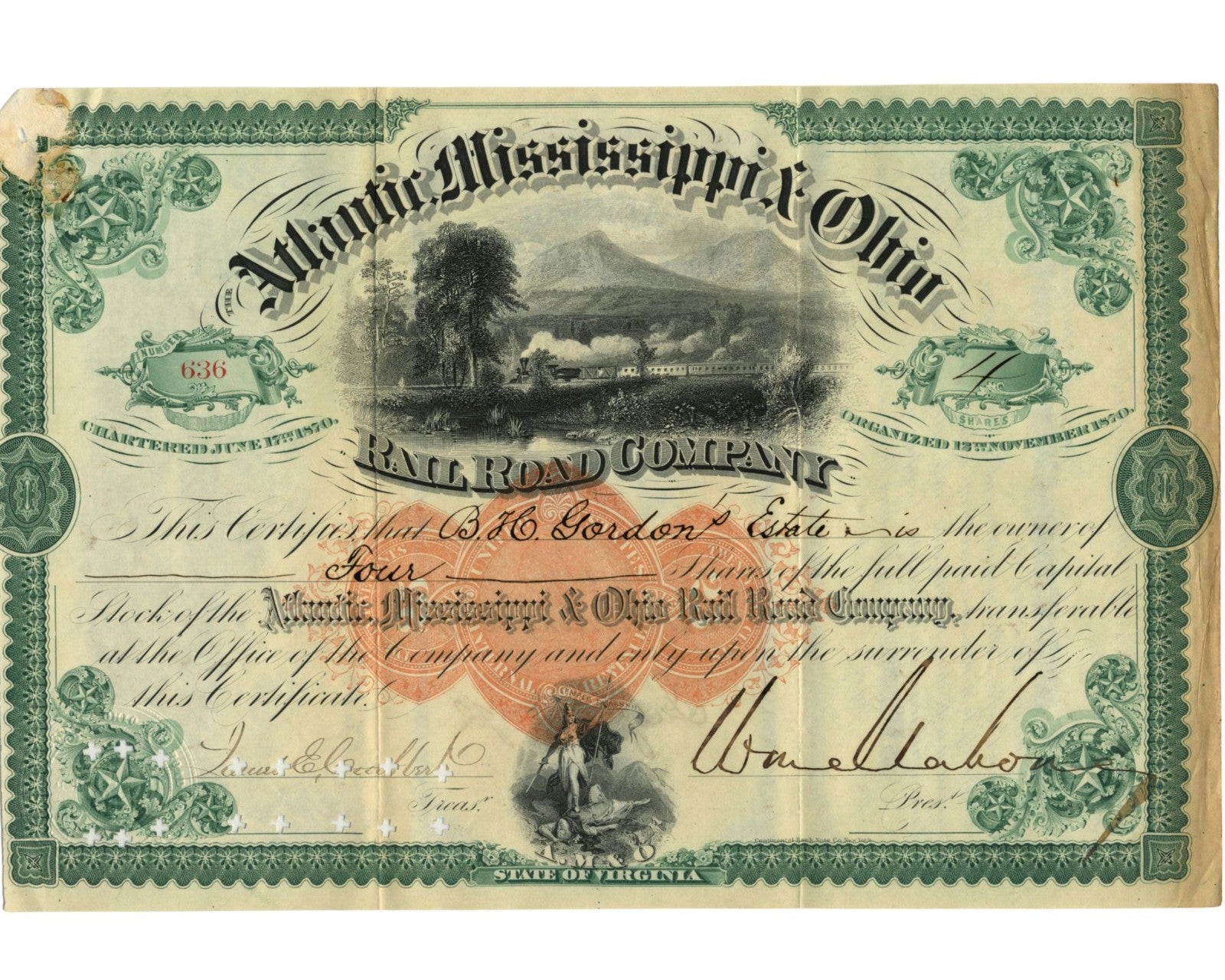 Confederate Civil War General William Mahone Signed Railroad Stock Cert. PSA