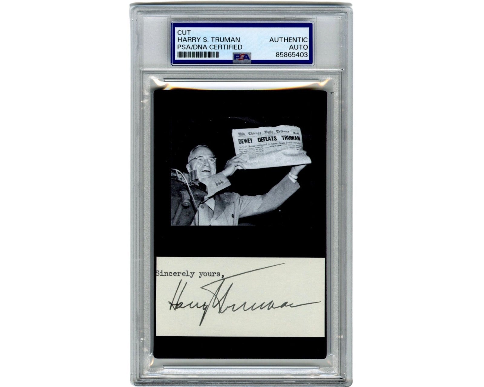 President HARRY TRUMAN Boldly Signed Cut w/ Iconic Photo Display PSA Auto