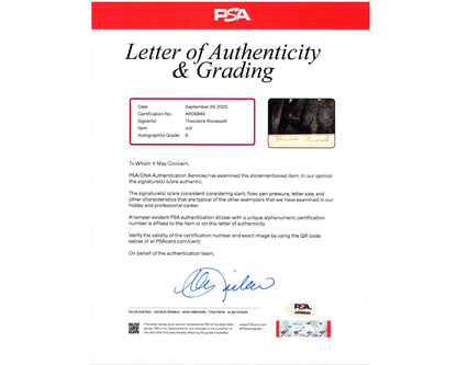 President Theodore Roosevelt Signed Cut Affixed to Portrait PSA Auto