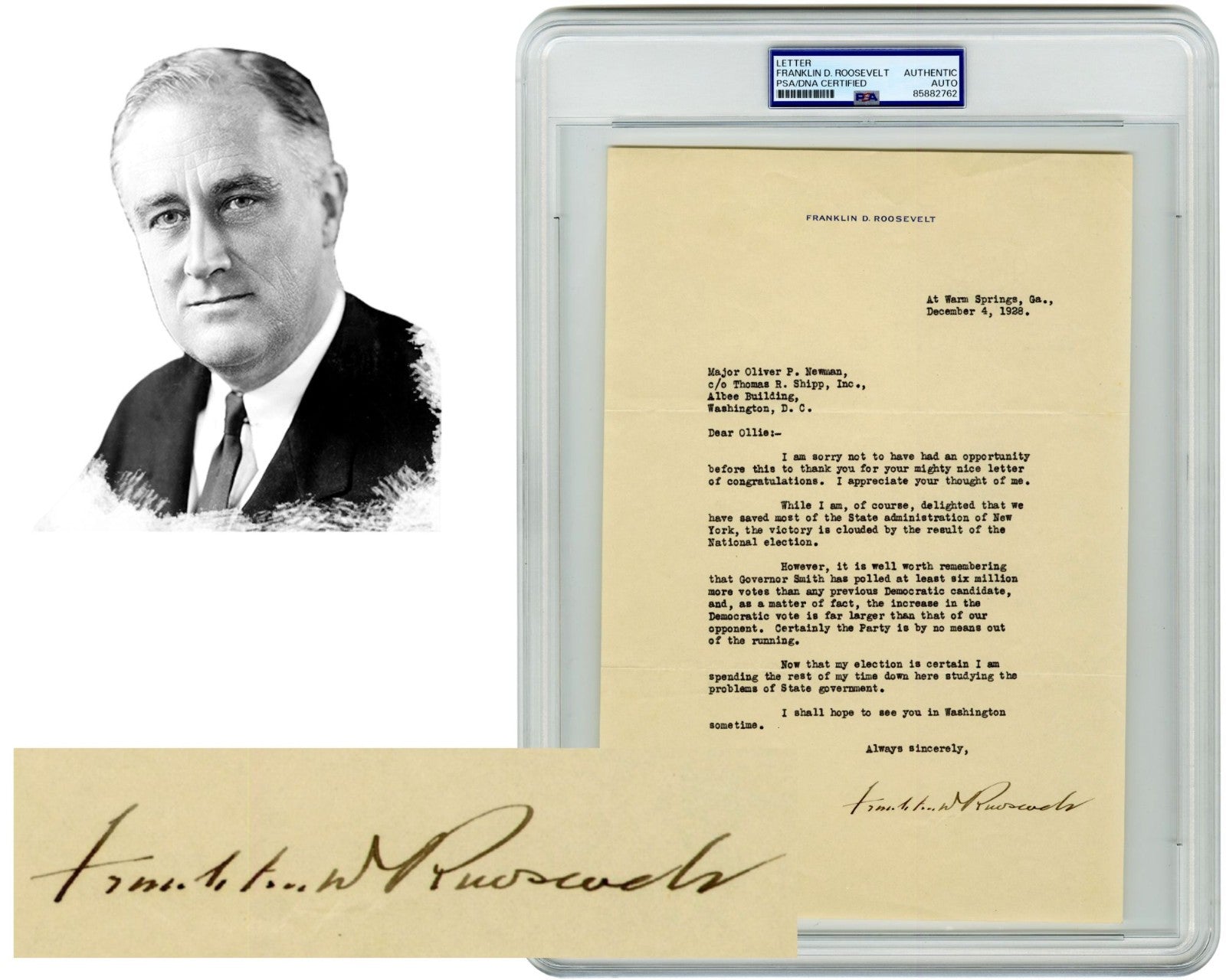 President Franklin D. Roosevelt Signed Letter on Hoover v. Smith Election! PSA