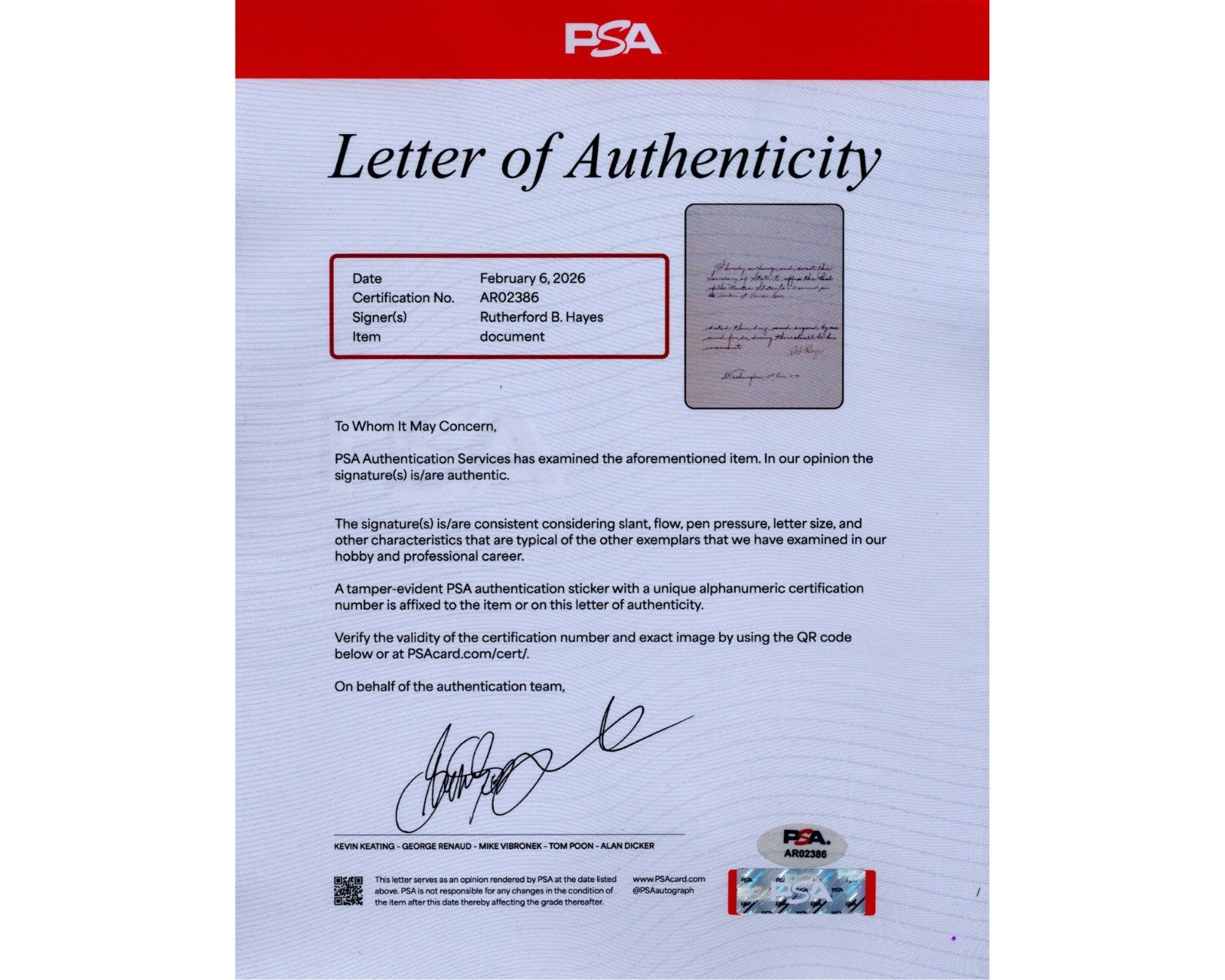 President Rutherford B. Hayes Unique Signed Pardon PSA AUto