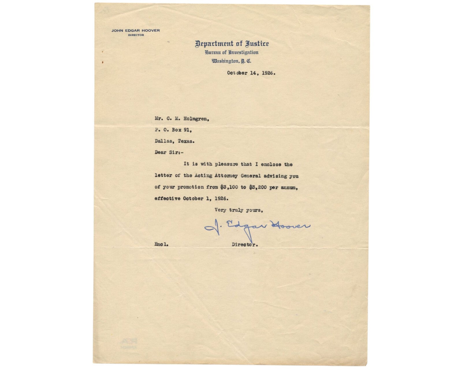 FBI Dir. J. Edgar Hoover Signed Letter Promoting FBI Agent! Early Example! PSA