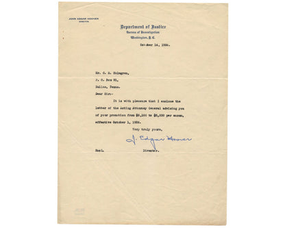 FBI Dir. J. Edgar Hoover Signed Letter Promoting FBI Agent! Early Example! PSA