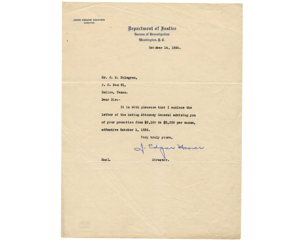 FBI Dir. J. Edgar Hoover Signed Letter Promoting FBI Agent! Early Exam ...