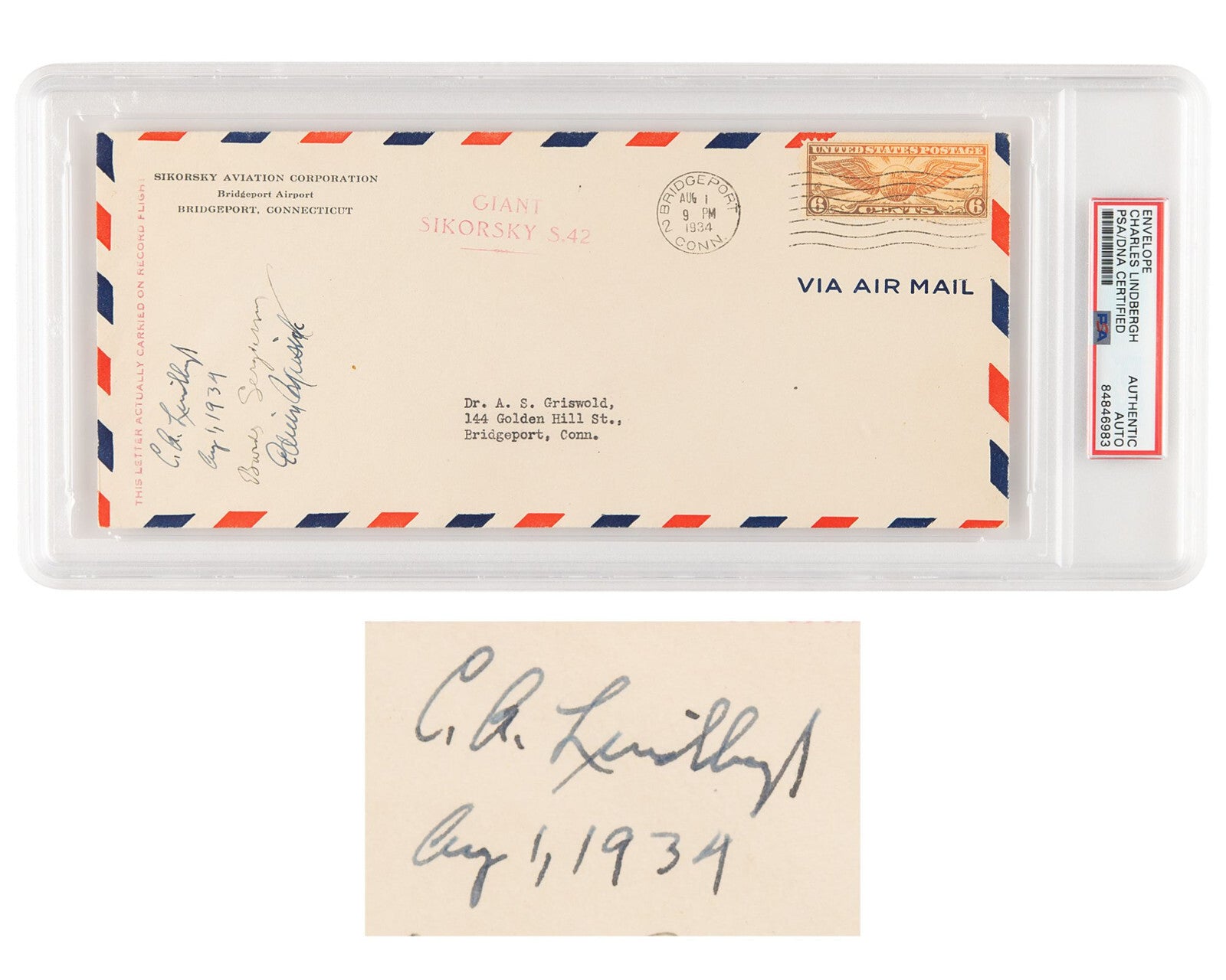 Charles Lindbergh Signed Flown Airmail Cover Carried on Sikorsky S-42 Flight