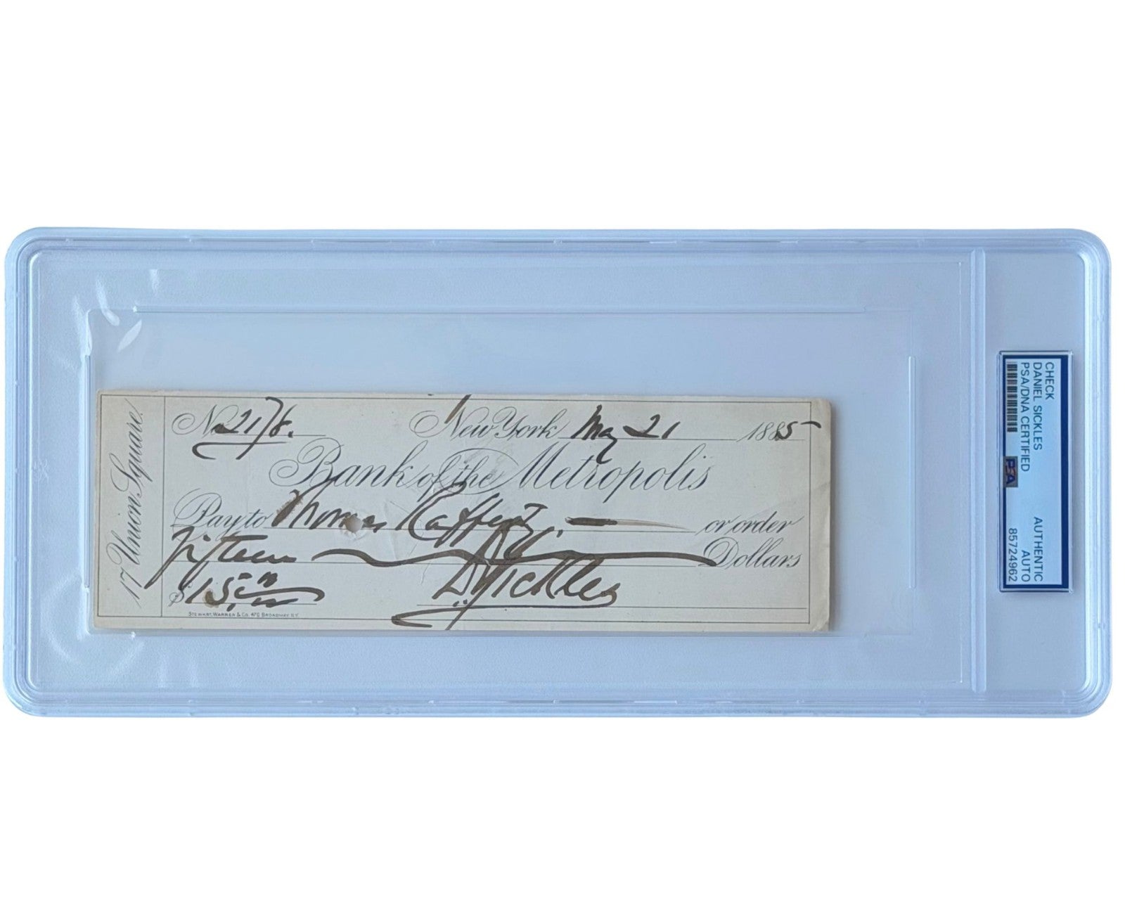 Civil War General Daniel Sickles Signed Check - FANTASTIC! PSA