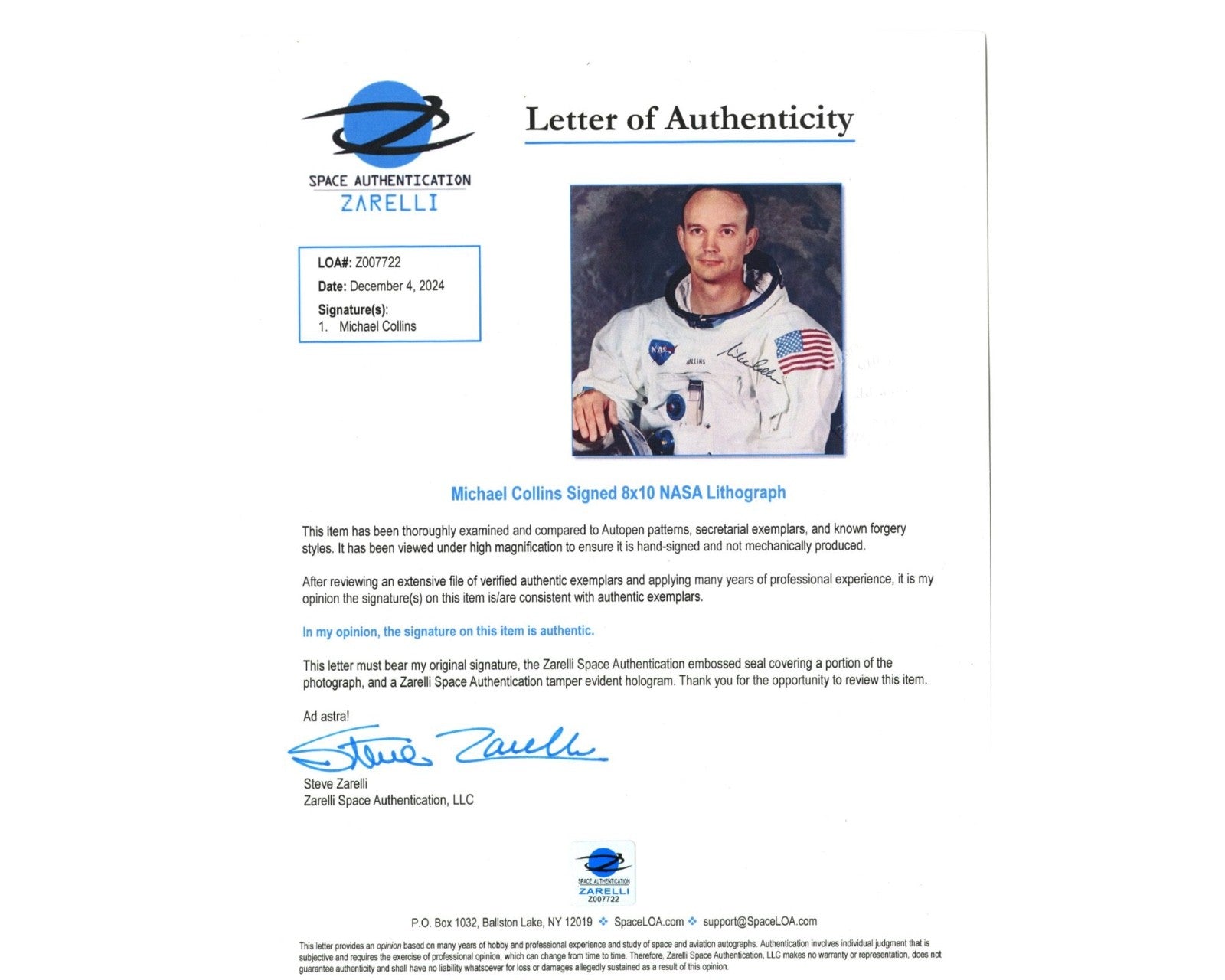 Astronaut Michael Collins Gorgeous Signed NASA Portrait - Zarelli COA