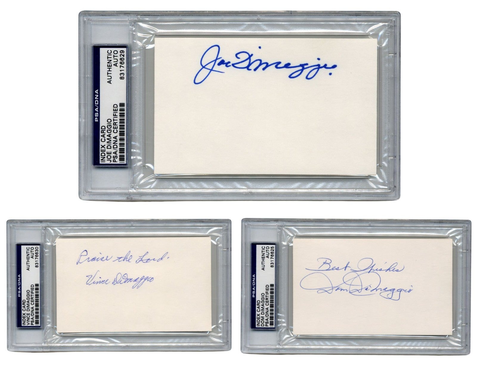 DiMaggio Brothers! Joe, Dom & Vince DiMaggio Signed Index Card Group! PSA Auto